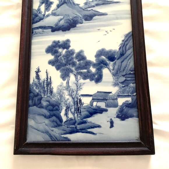 Chinese Export Canton Porcelain Wall Plaque Blue & White Wood Framed 9x18.25 Vtg - Picture 3 of 7